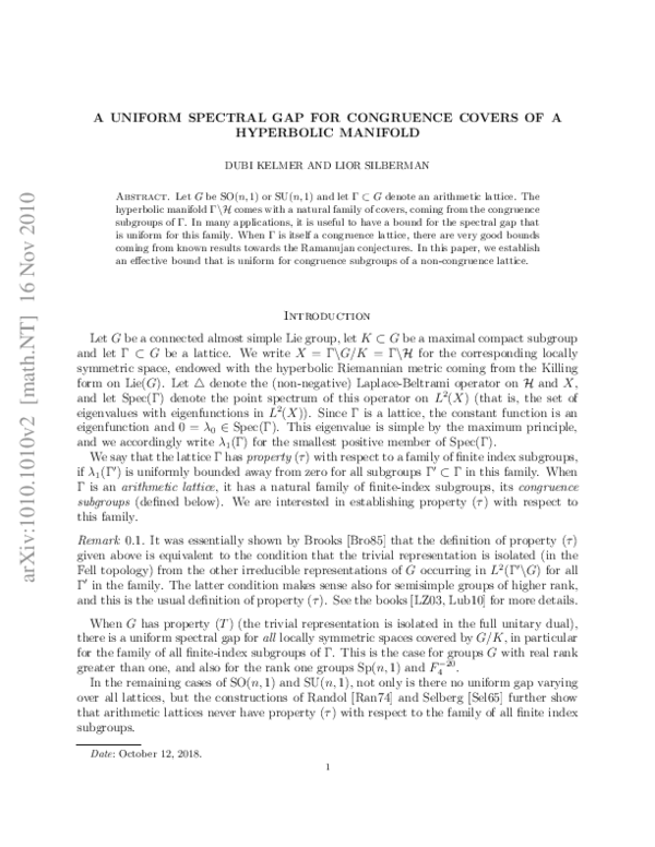 (PDF) A uniform spectral gap for congruence covers of a hyperbolic manifold