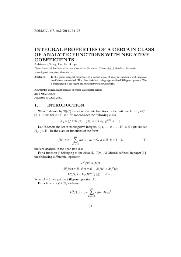 (PDF) Integral Properties of a Certain Class of Analytic Functions with ...