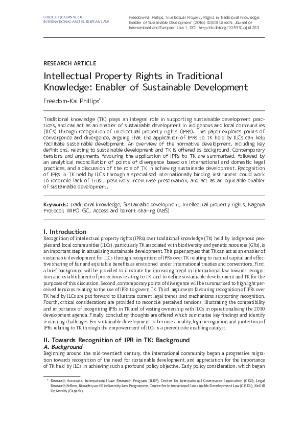 (PDF) Intellectual Property Rights in Traditional Knowledge: Enabler of ...