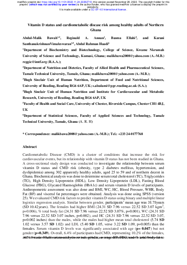 (PDF) Vitamin D status and cardiometabolic disease risk among healthy ...