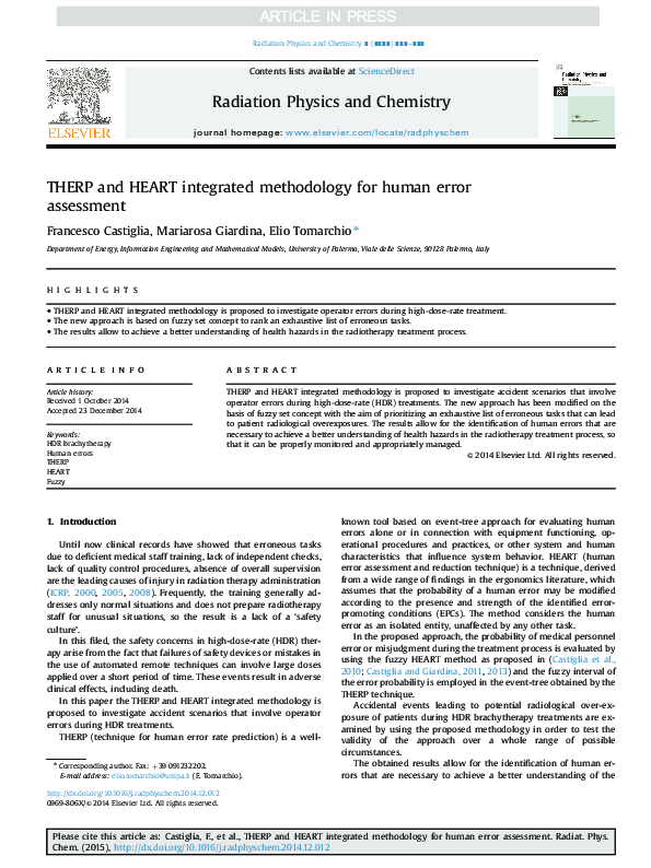 (PDF) THERP and HEART integrated methodology for human error assessment Mariarosa Giardina