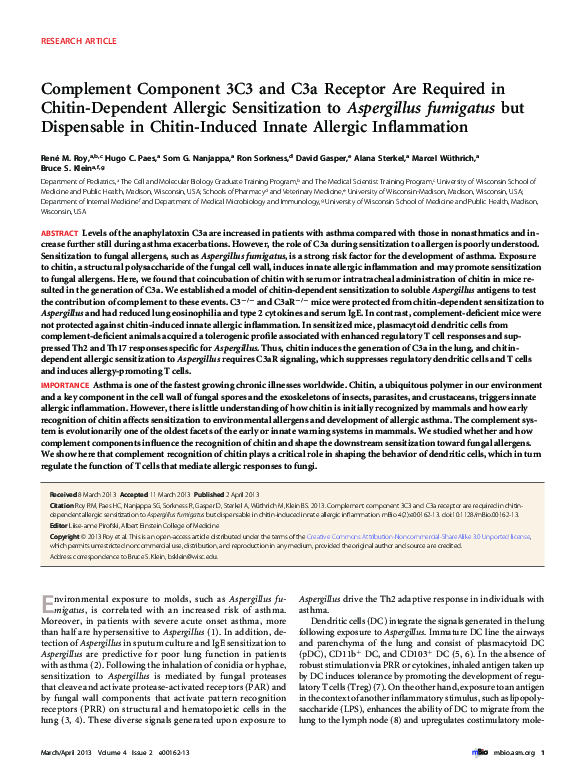 (PDF) Complement Component 3C3 and C3a Receptor Are Required in Chitin ...