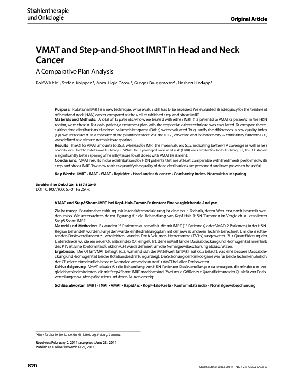 (PDF) VMAT and Step-and-Shoot IMRT in Head and Neck Cancer