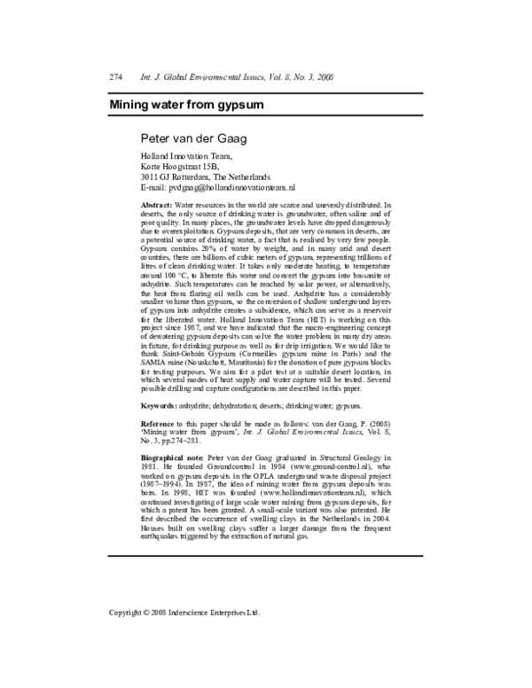 (PDF) Mining water from gypsum peter van der Gaag Academia.edu