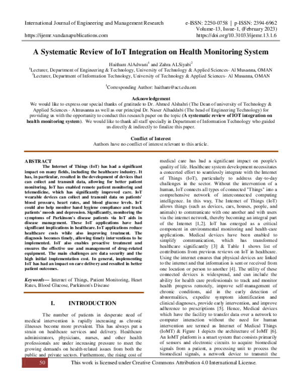 (PDF) A Systematic Review of IoT Integration on Health Monitoring System
