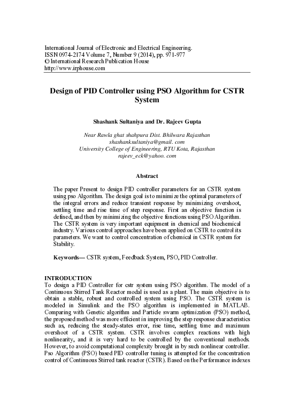 (PDF) Design of PID Controller using PSO Algorithm for CSTR System