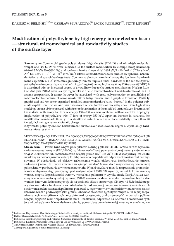 (PDF) Modification of polyethylene by high energy ion or electron beam ...