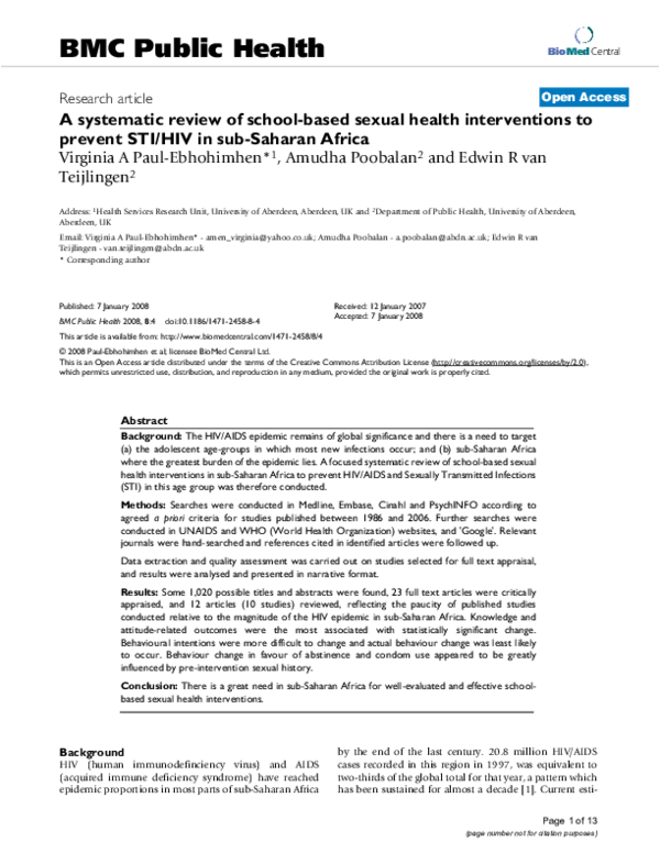 A systematic review of school-based sexual health interventions to prevent STI/HIV in sub-Saharan Africa