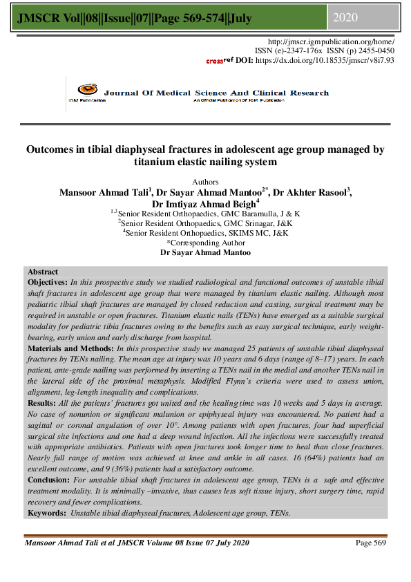  pdf outcomes in tibial diaphyseal fractures in adolescent age group