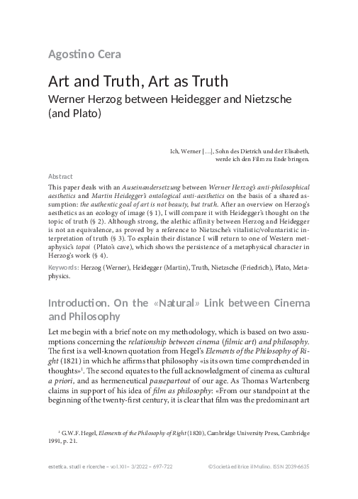(PDF) Art and Truth, Art as Truth. Werner Herzog between Heidegger and ...
