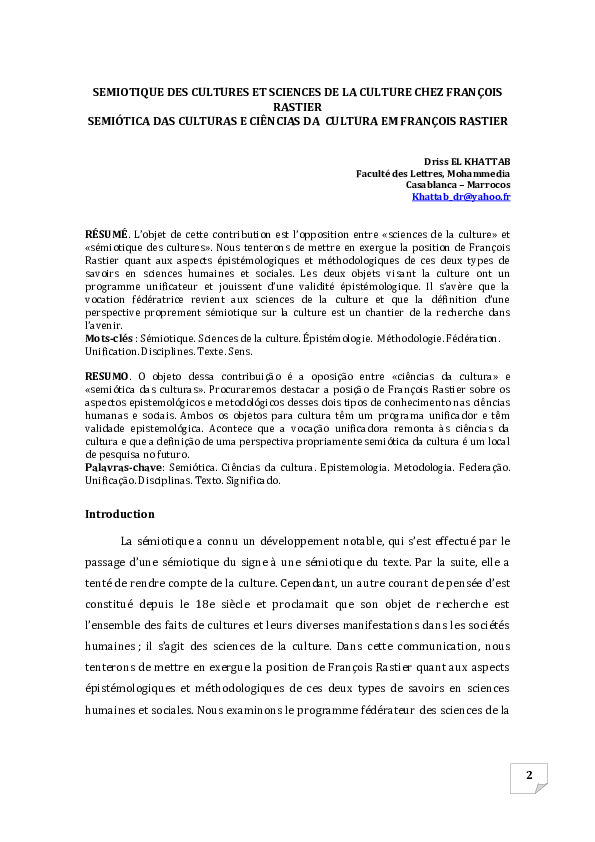 (PDF) Semiotique Des Cultures et Sciences De La Culture Chez François ...
