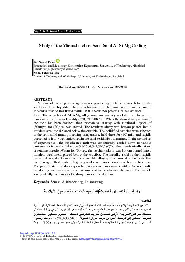 (PDF) Study of the Microstructure Semi Solid Al-Si-Mg Casting
