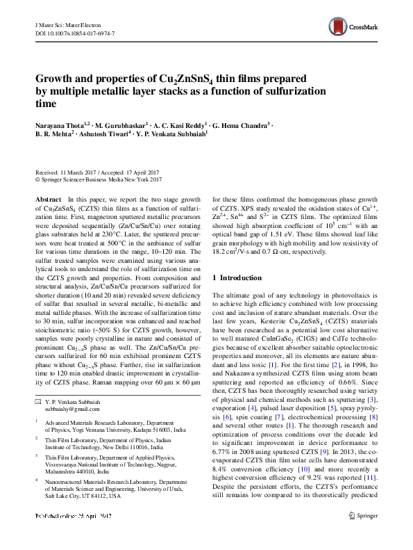 (PDF) Growth and properties of Cu2ZnSnS4 thin films prepared by ...