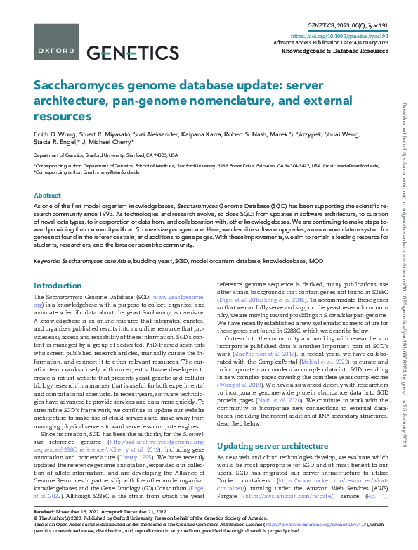 (PDF) Saccharomyces genome database update server architecture, pan