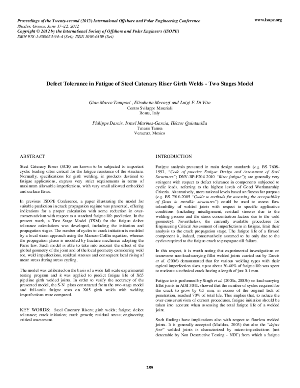 (PDF) Defect Tolerance In Fatigue of Steel Catenary Riser Girth Welds ...