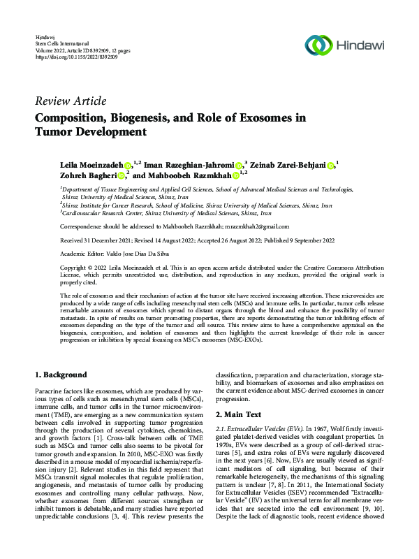 (PDF) Composition, Biogenesis, and Role of Exosomes in Tumor Development