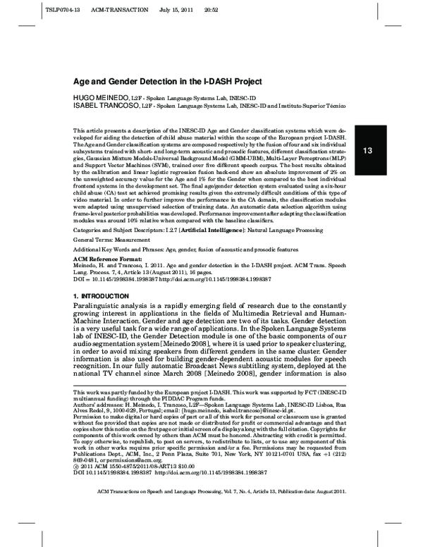 (PDF) Age and gender detection in the I-DASH project
