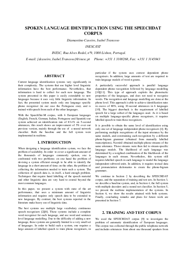 (PDF) Spoken language identification using the speechdat corpus