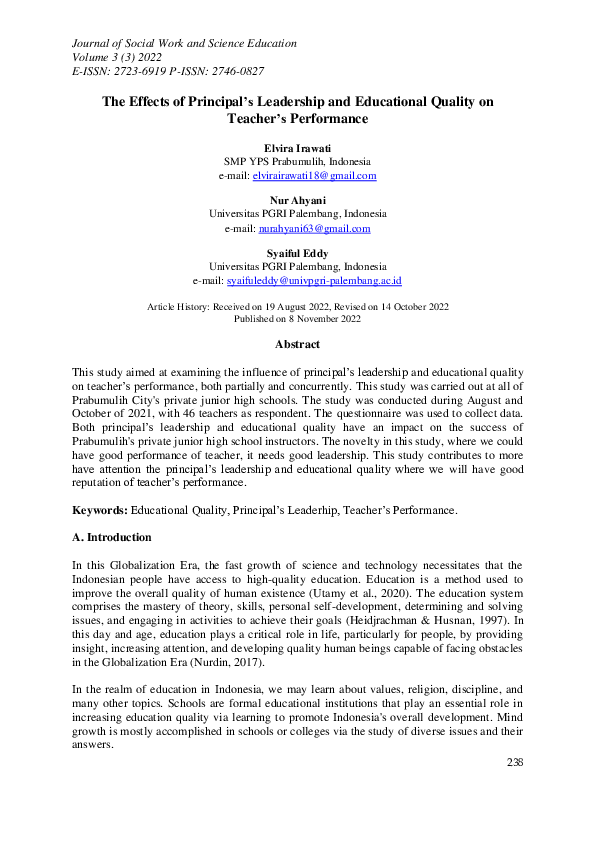(PDF) The Effects of Principal’s Leadership and Educational Quality on ...