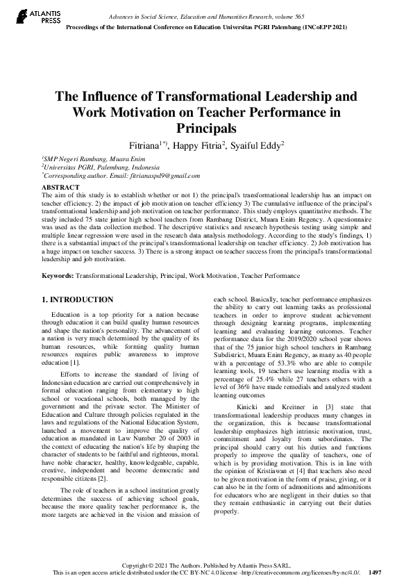 (PDF) The Influence of Transformational Leadership and Work Motivation ...