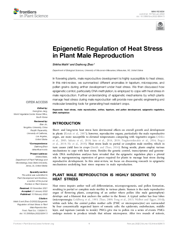 (PDF) Epigenetic Regulation of Heat Stress in Plant Male Reproduction