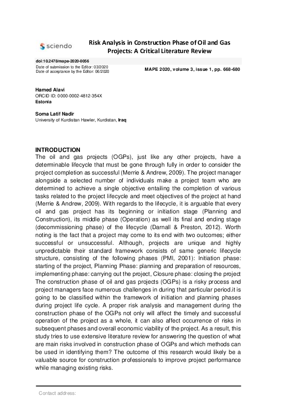 (PDF) Risk Analysis in Construction Phase of Oil and Gas Projects: A ...