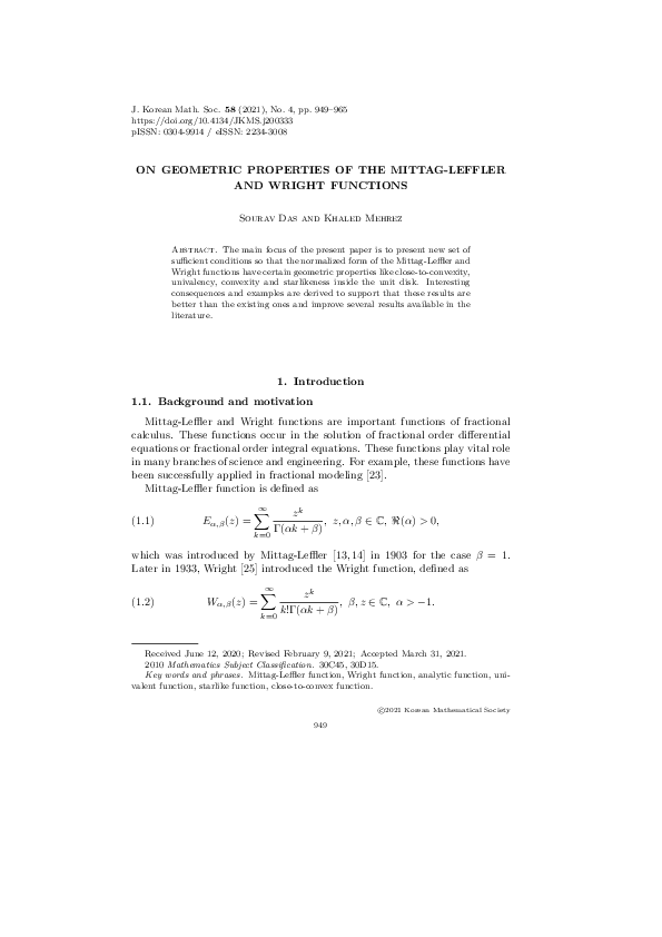 (PDF) On Geometric Properties of the Mittag-Leffler and Wright Functions