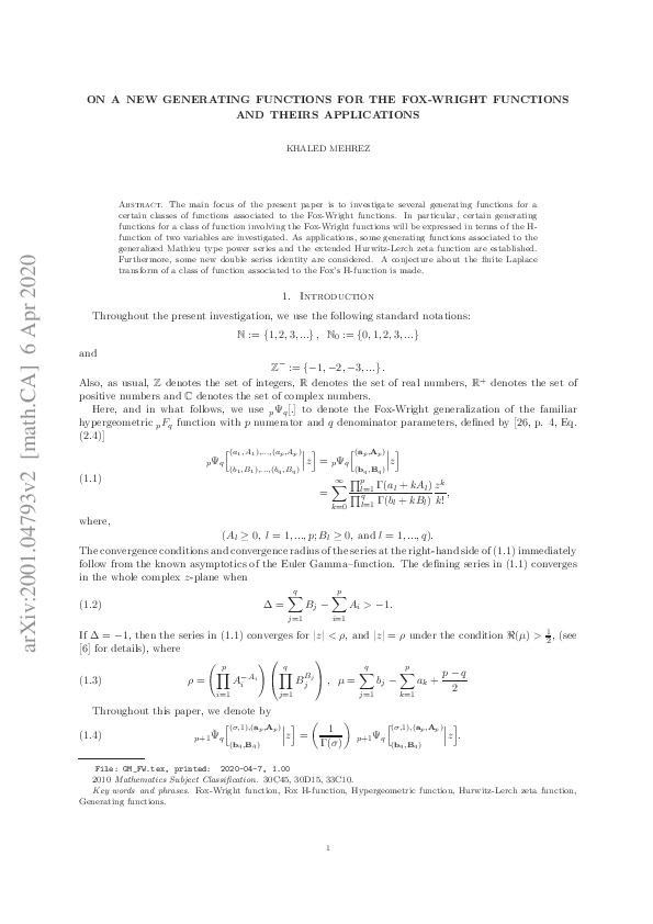 (PDF) On a new generating functions for the Fox-Wright functions and ...