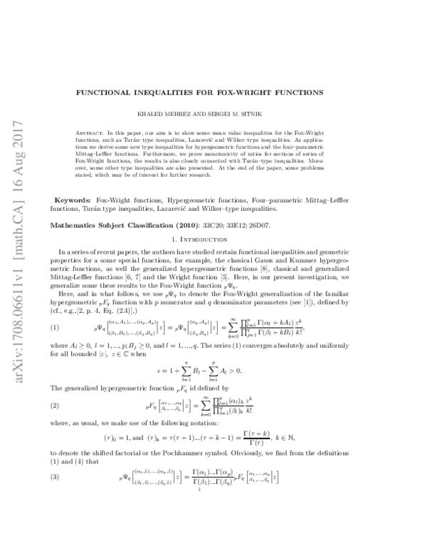(PDF) Functional inequalities for the Fox–Wright functions