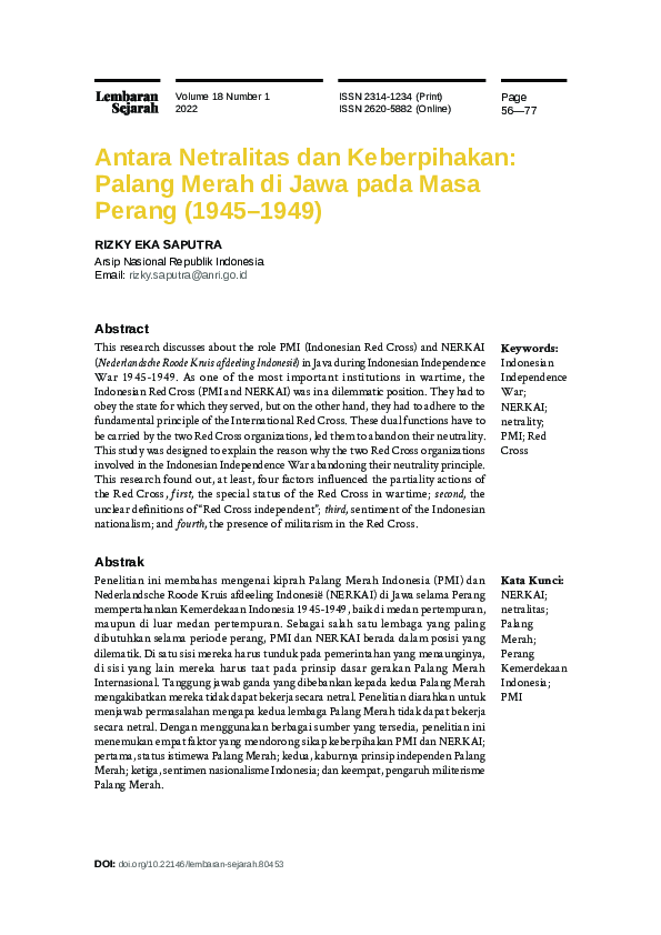 Antara Netralitas dan Keberpihakan: Palang Merah di Jawa pada Masa Perang (1945–1949)