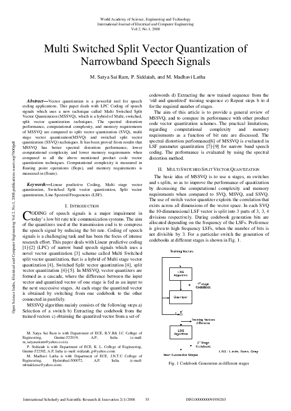 (PDF) Multi Switched Split Vector Quantization Of Narrowband Speech Signals