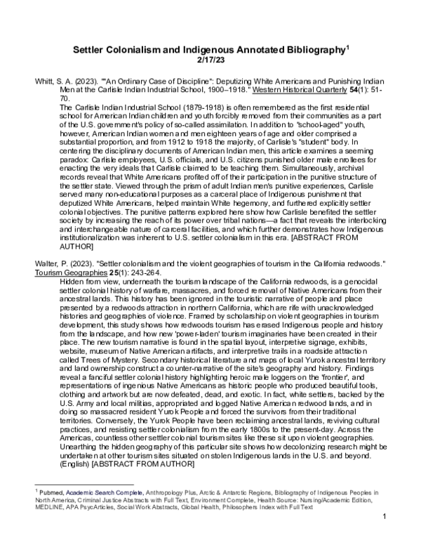 PDF) Settler Colonialism and Indigenous Annotated Bibliography