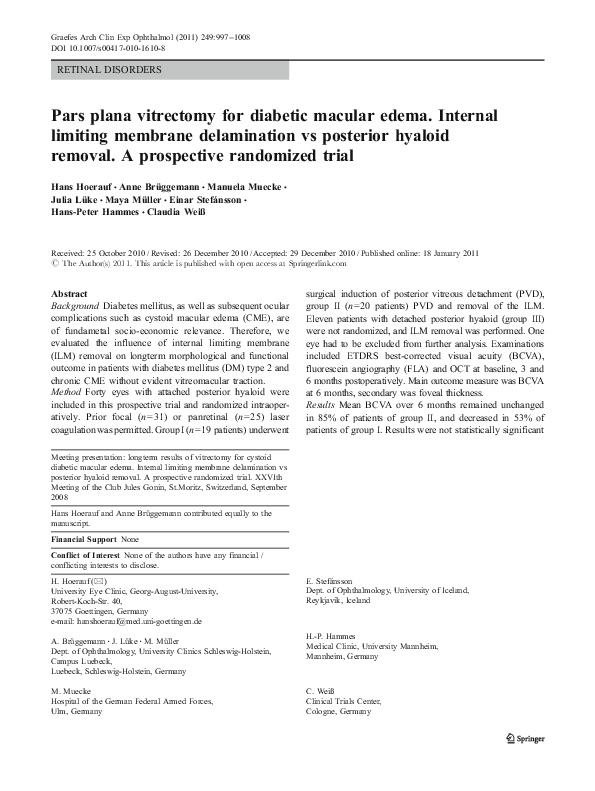 (PDF) Pars plana vitrectomy for diabetic macular edema. Internal ...