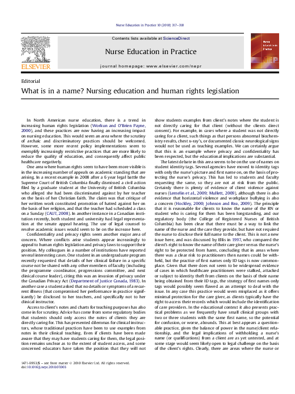 (PDF) What is in a name? Nursing education and human rights legislation