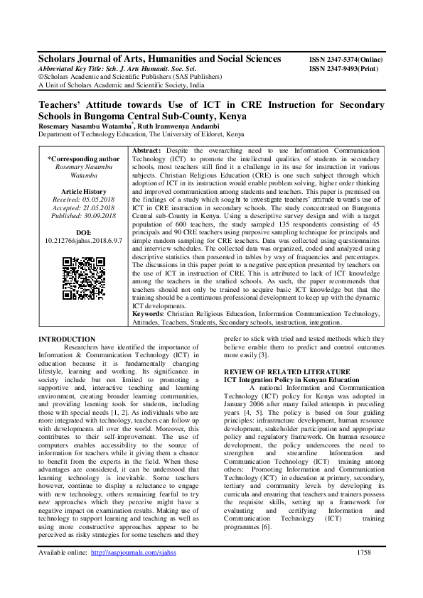 (PDF) Teachers’ Attitude towards Use of ICT in CRE Instruction for ...