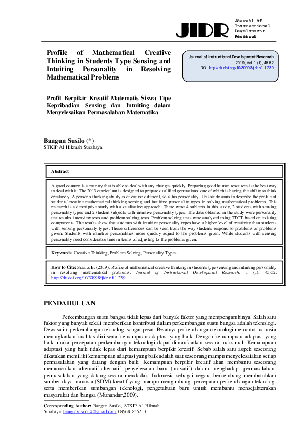 (PDF) Profile of Mathematical Creative Thinking in Students Type ...