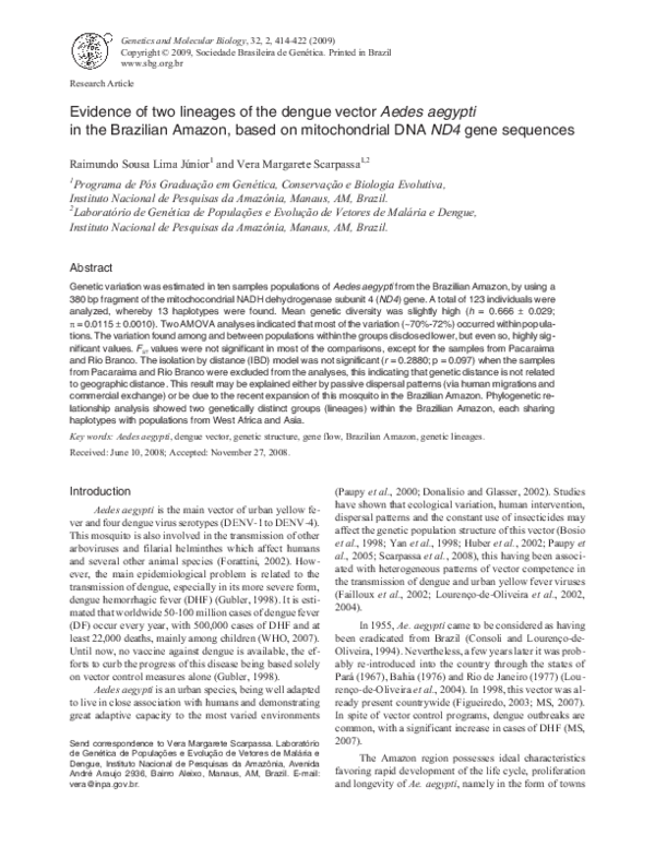 (PDF) Evidence of two lineages of the dengue vector Aedes aegypti in ...