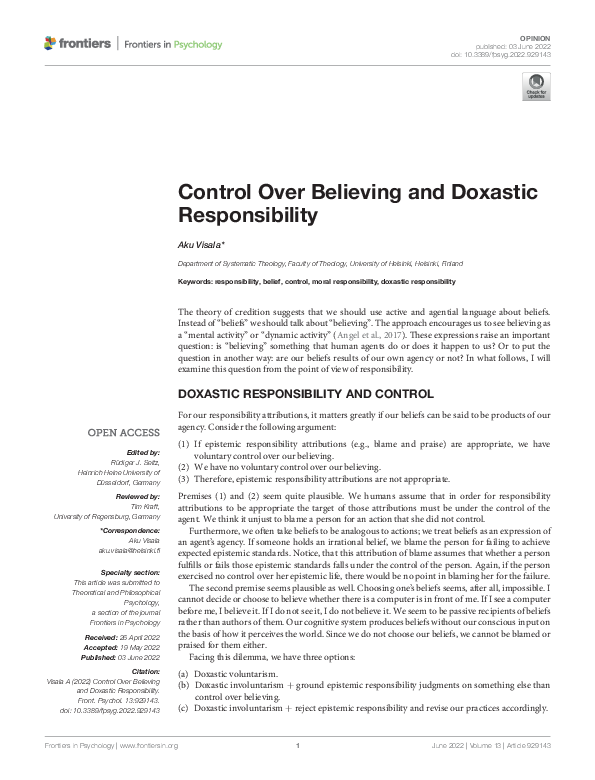 (PDF) Control Over Believing and Doxastic Responsibility