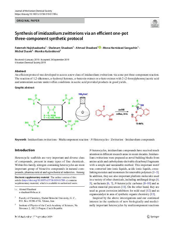 (PDF) Synthesis of imidazolium zwitterions via an efficient one-pot ...