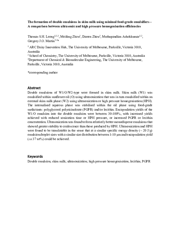 (PDF) The formation of double emulsions in skim milk using minimal food ...