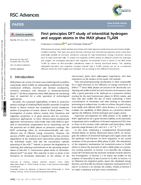(PDF) First principles DFT study of interstitial hydrogen and oxygen ...
