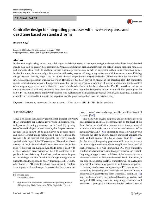 (PDF) Controller design for integrating processes with inverse response ...