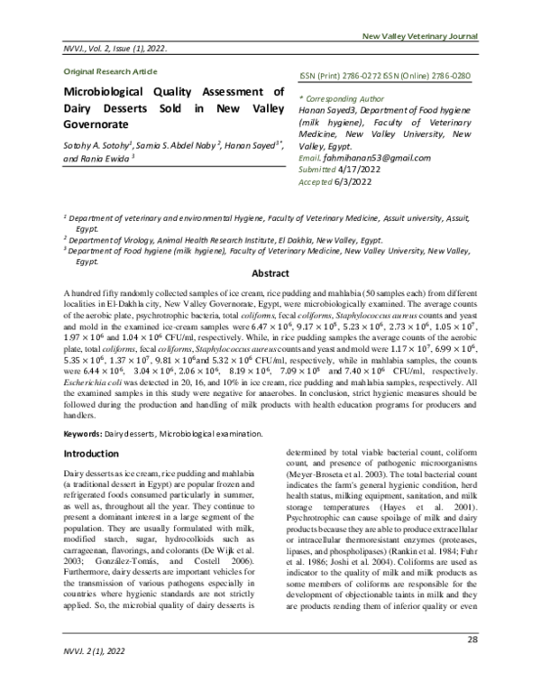 Pdf Microbiological Quality Assessment Of Dairy Desserts Sold In New