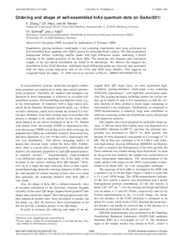 (PDF) Ordering and shape of self-assembled InAs quantum dots on GaAs(001)