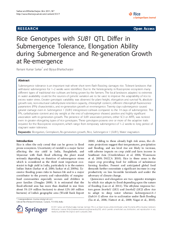 (PDF) Rice Genotypes with SUB1 QTL Differ in Submergence Tolerance ...