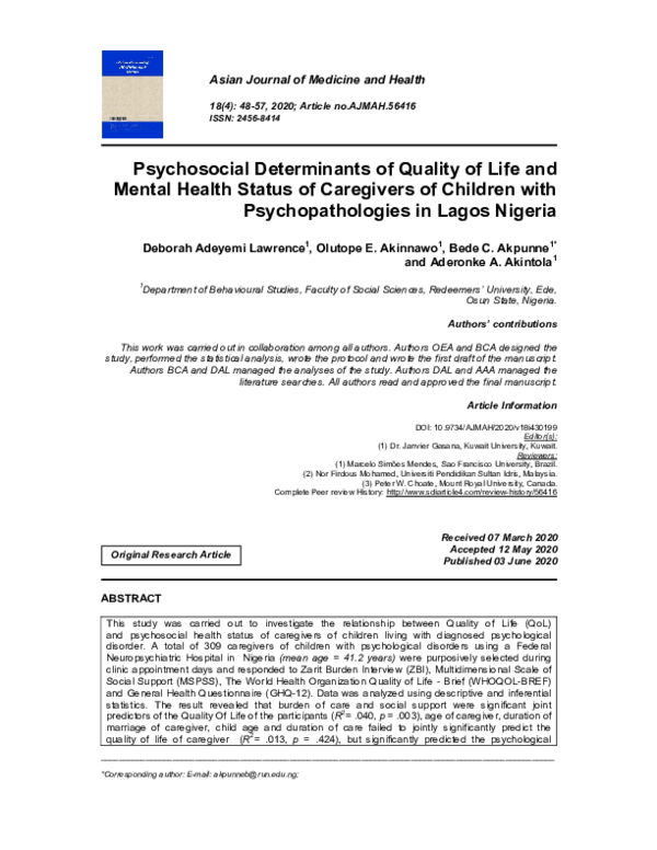 (PDF) Psychosocial Determinants of Quality of Life and Mental Health ...