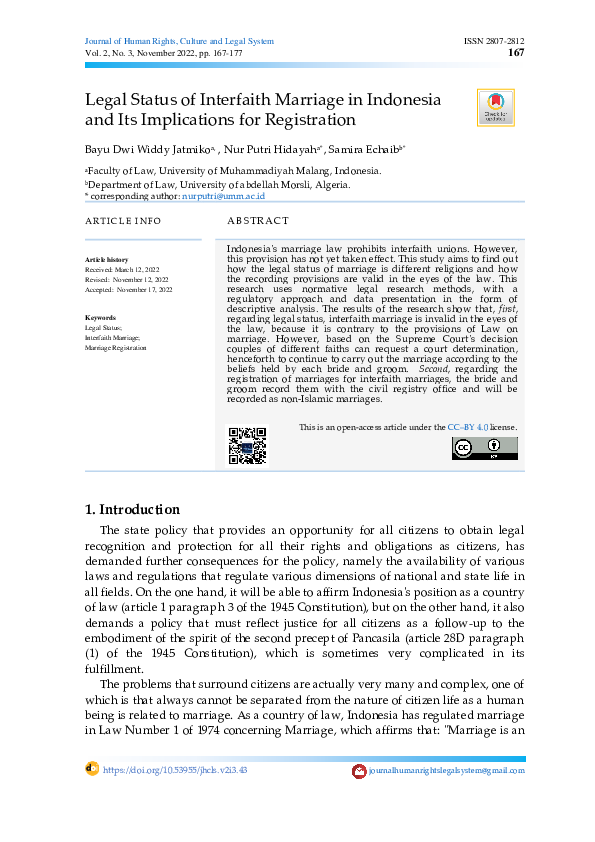 (PDF) Legal Status of Interfaith Marriage in Indonesia and Its ...