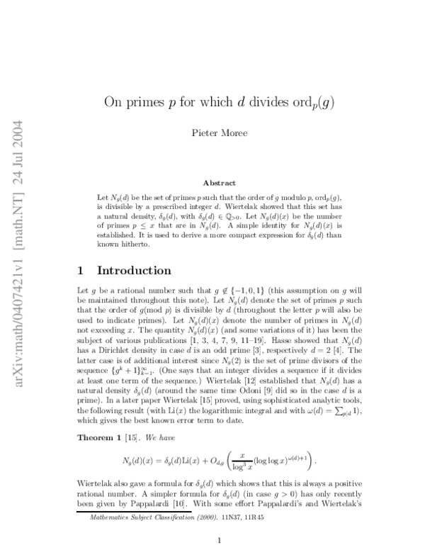 (PDF) On primes p for which d divides ord_p(g)