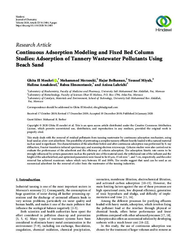 (PDF) Continuous Adsorption Modeling and Fixed Bed Column Studies ...