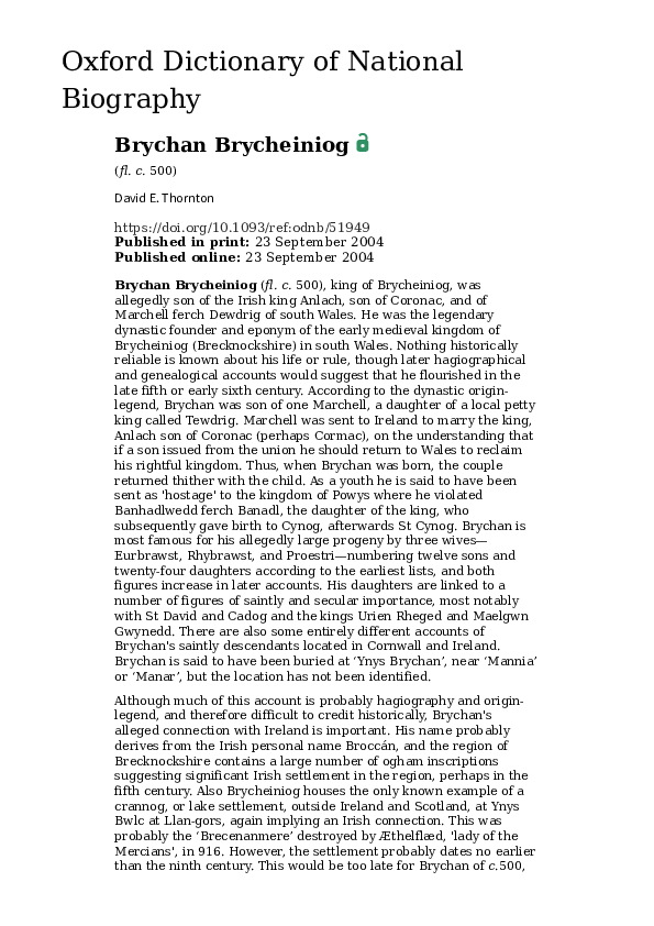 (PDF) Brychan Brycheiniog (fl. c. 500), king of Brycheiniog